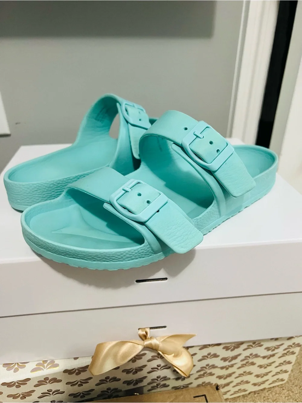 Women’s Aqua Double-Buckle Slide Sandals